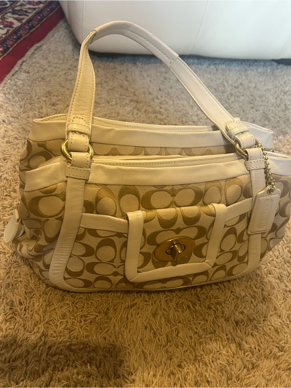 Coach 6366 Signature Jacquard Ivory Leather Turnlock Satchel